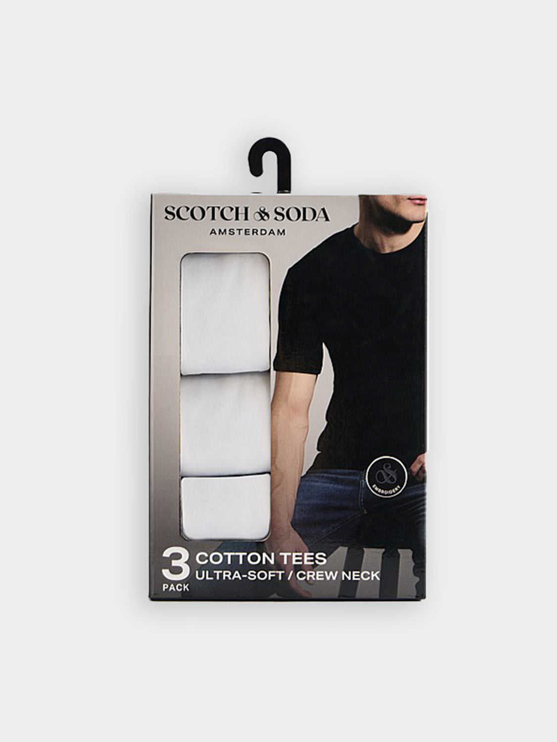 Three SCOTCH & SODA crew neck T-shirts in a 3-pack, short-sleeve casual tees in various colors, laid flat.