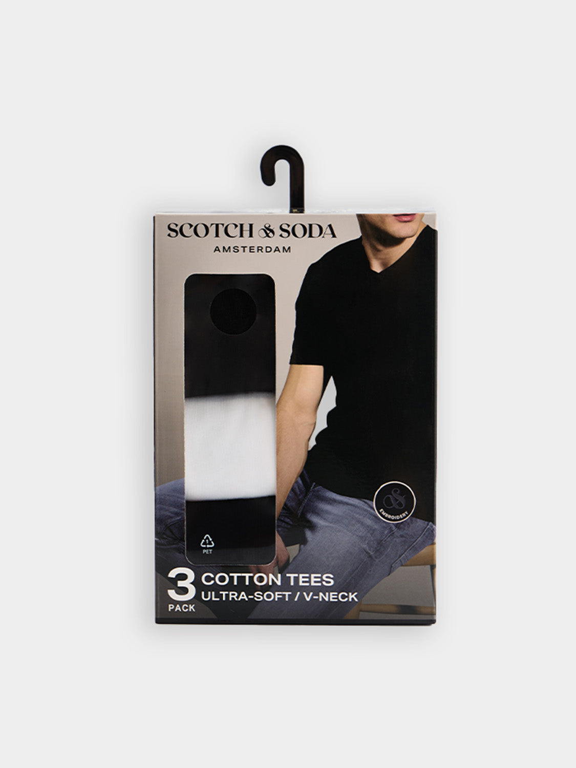 Three Scotch & Soda short-sleeve v-neck t-shirts in neutral colors, laid flat on a white background.