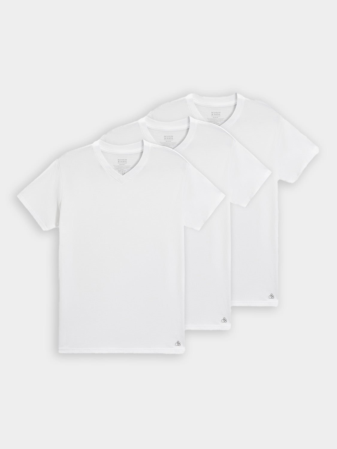 Three Scotch & Soda short-sleeve v-neck t-shirts in a 3-pack, shown in neutral colors, casual and comfortable fit.