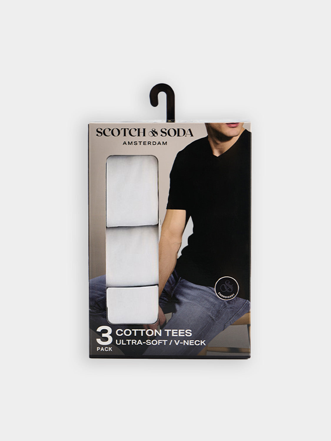 Three Scotch & Soda short-sleeve V-neck T-shirts in a 3-pack, displayed in various colors on a neutral background.
