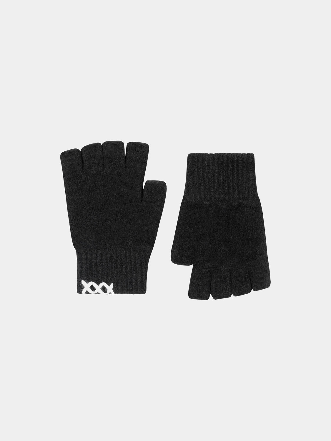 Pair of black Scotch & Soda fingerless gloves made of soft knit fabric, showing close-up of textured material and open finger design.