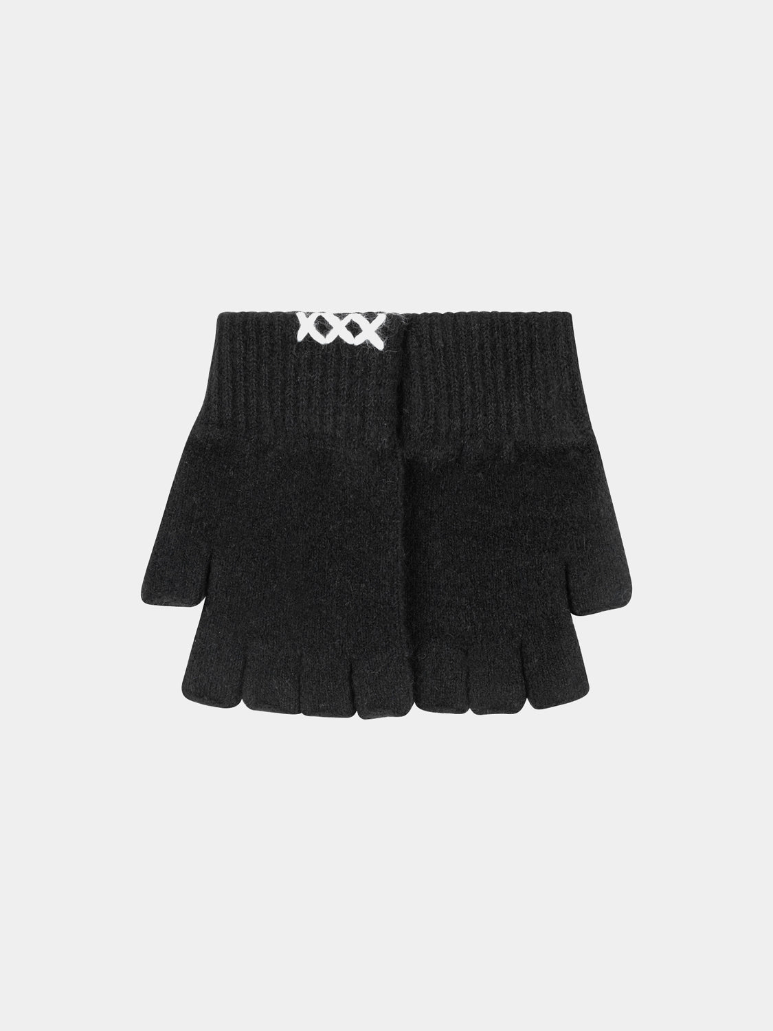 SCOTCH & SODA fingerless gloves showing black knit fabric with ribbed cuffs and open fingertips for versatile style.