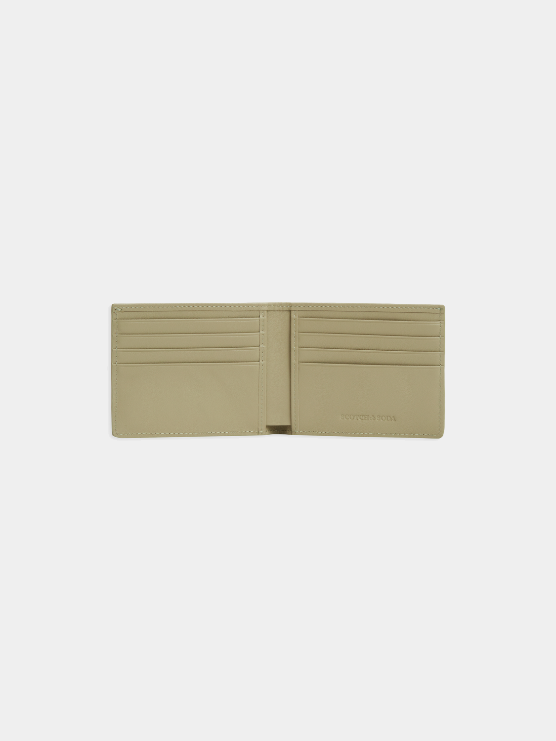 SCOTCH & SODA leather wallet with multiple card slots and a sleek design, shown open with visible interior compartments.