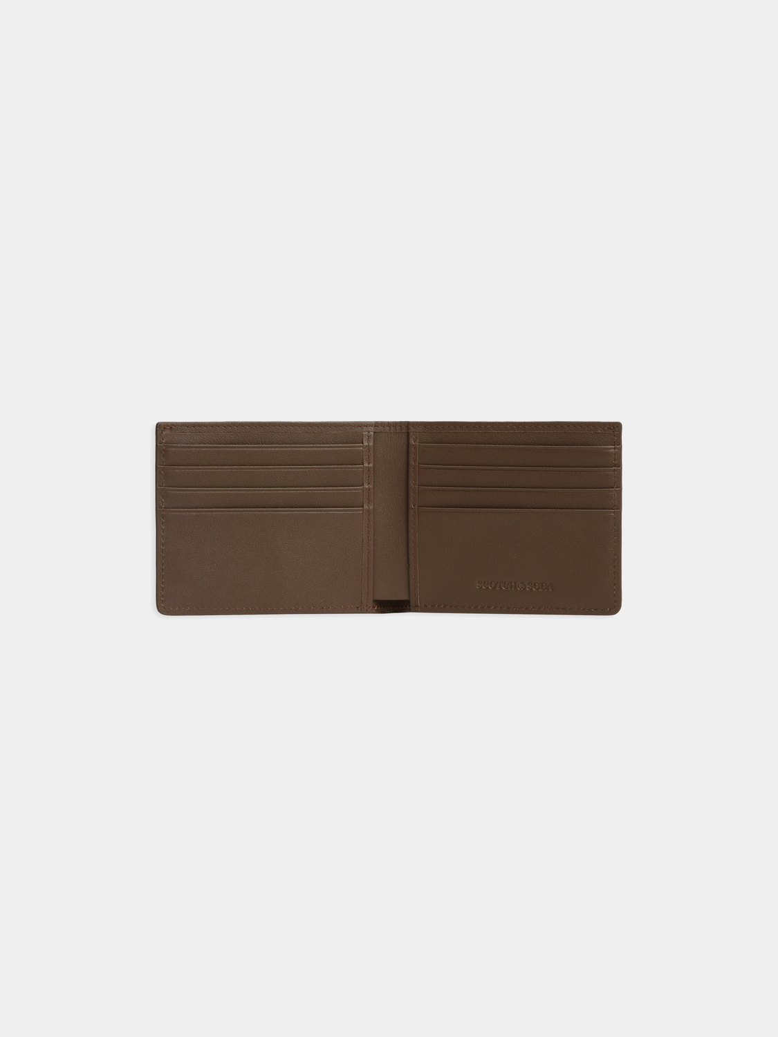 SCOTCH & SODA leather wallet showing multiple card slots and a sleek, textured brown leather design.