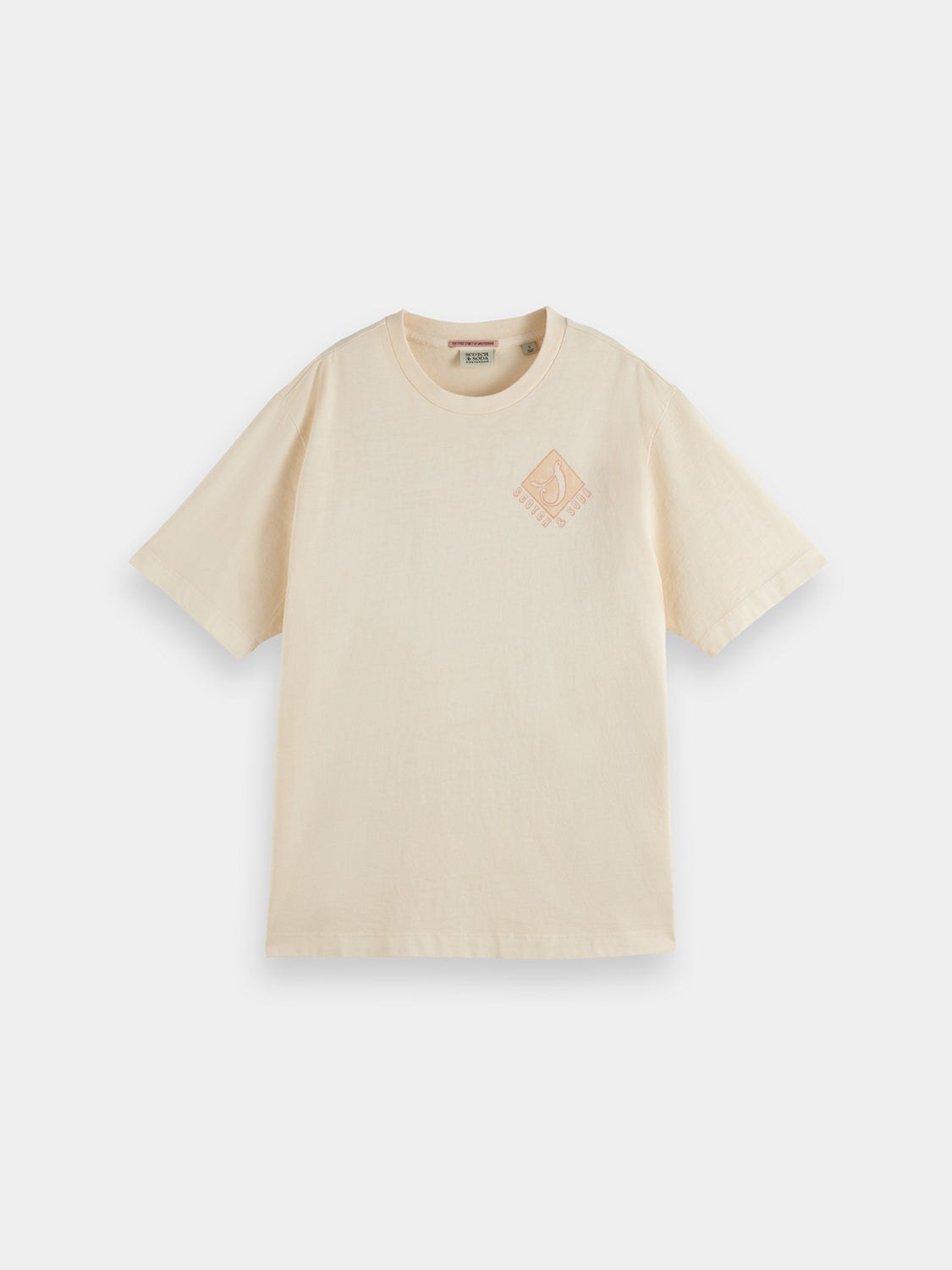Light blue garment-dyed Scotch & Soda short-sleeve T-shirt with a relaxed fit and crew neckline, displayed on a hanger.