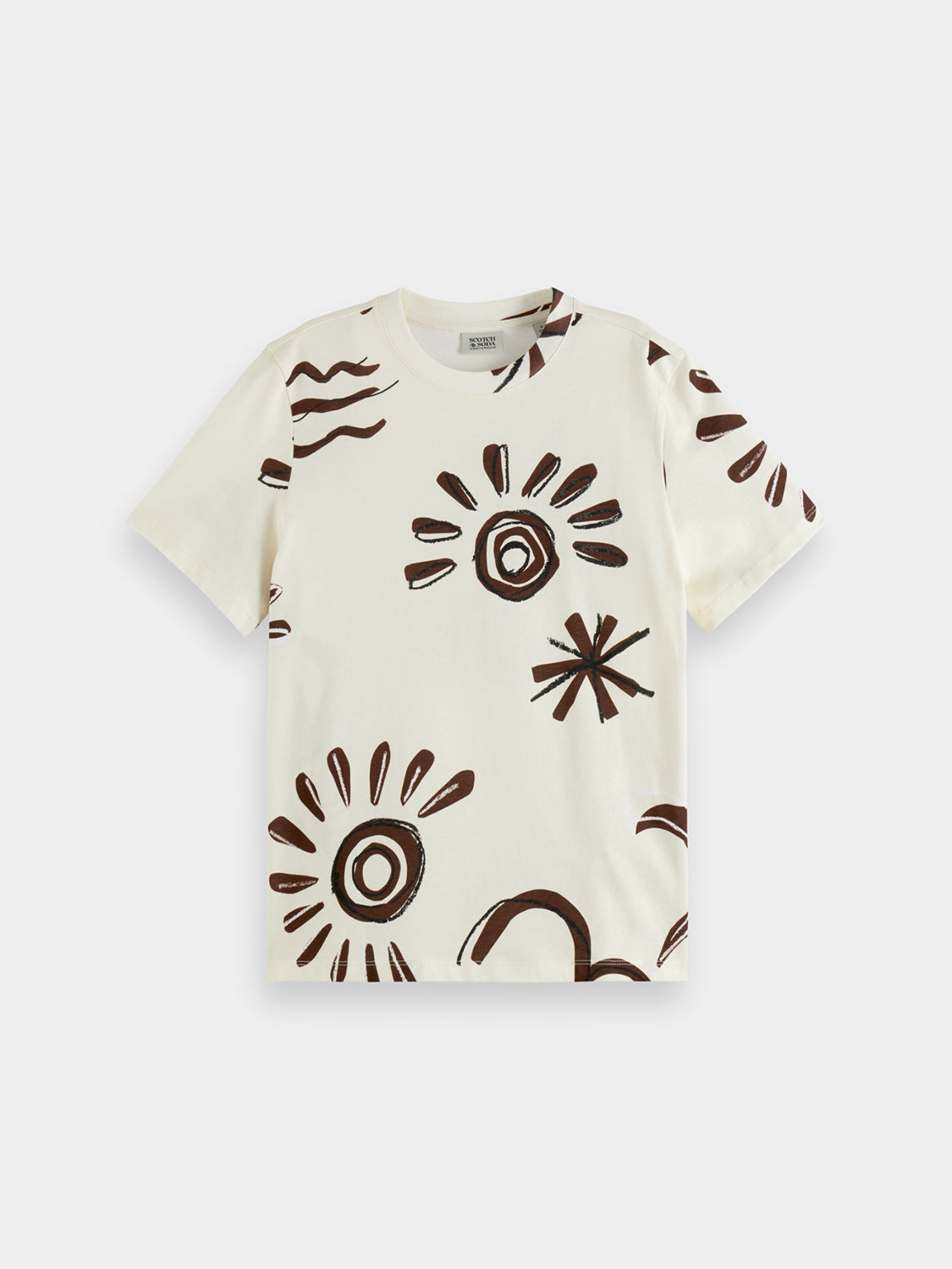 Printed Scotch & Soda short-sleeve t-shirt featuring colorful graphic design on soft fabric.