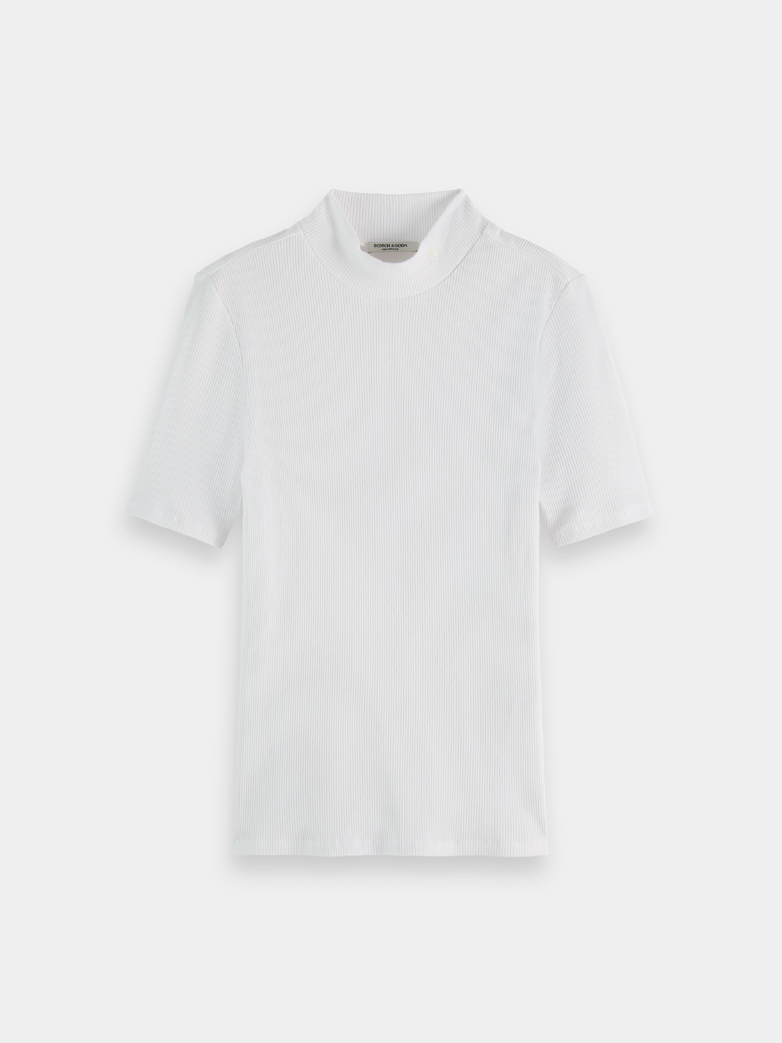 Light beige ribbed mock neck short sleeve tee by Scotch & Soda, featuring a fitted design and soft fabric texture.
