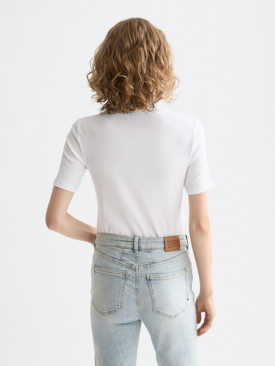 Light blue ribbed mock neck short sleeve tee by Scotch & Soda, showcasing a fitted design and soft fabric.