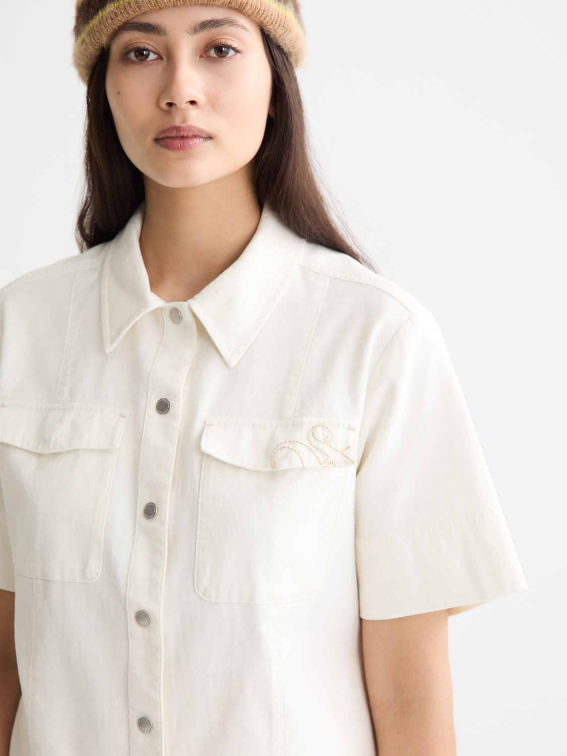Light blue Scotch & Soda pocket denim shirt for men featuring short sleeves and classic denim styling.