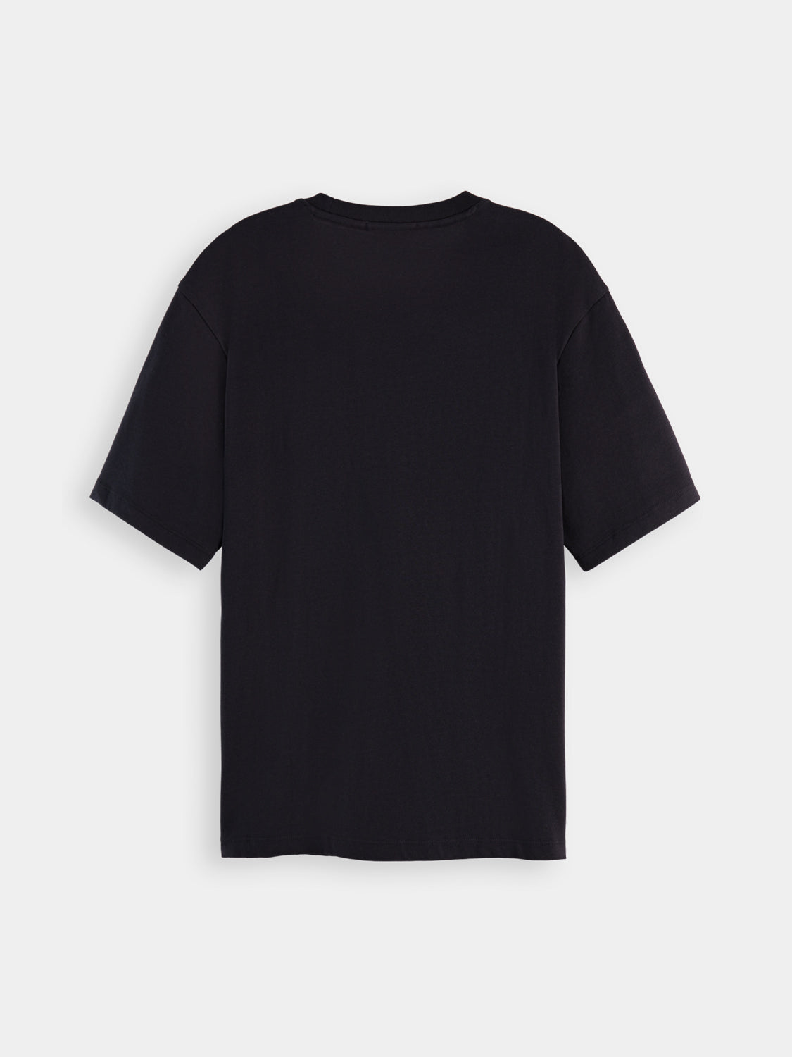 Black short-sleeve Scotch & Soda artwork t-shirt with vibrant graphic design on front.