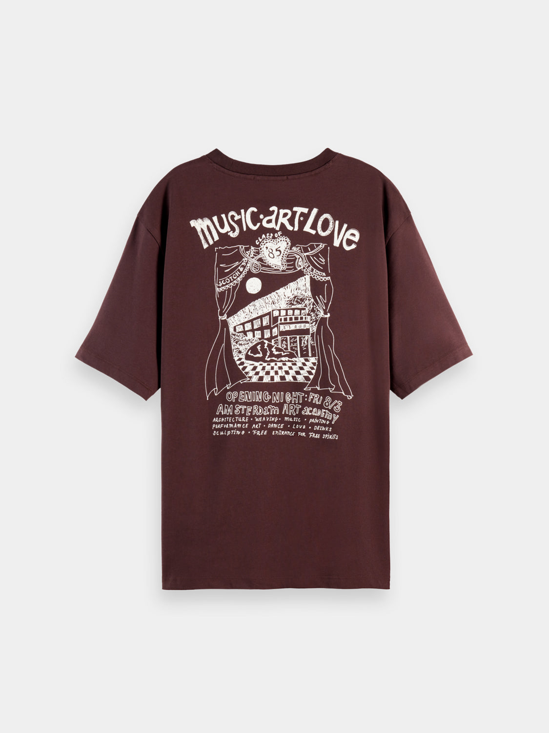 Black short-sleeve Scotch & Soda artwork T-shirt with colorful graphic print on front, casual fit, and round neckline.