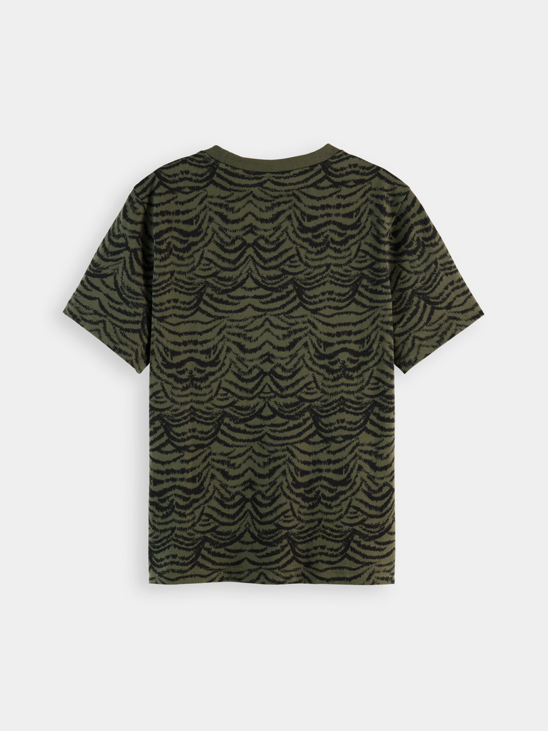 Black printed Scotch & Soda short-sleeve t-shirt with graphic design, casual style, and crew neckline.