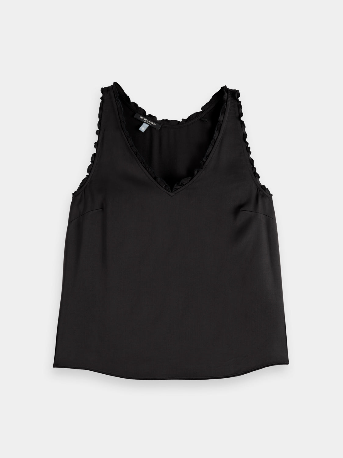 Scotch & Soda V-neck ruffle tank top with feminine ruffle details and sleeveless design, lightweight and stylish for summer wear.