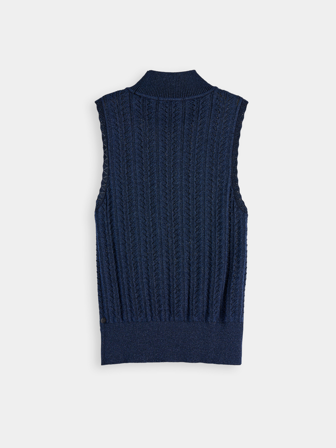Black metallic pointelle tank top by Scotch & Soda, featuring delicate knit pattern and sleeveless design.