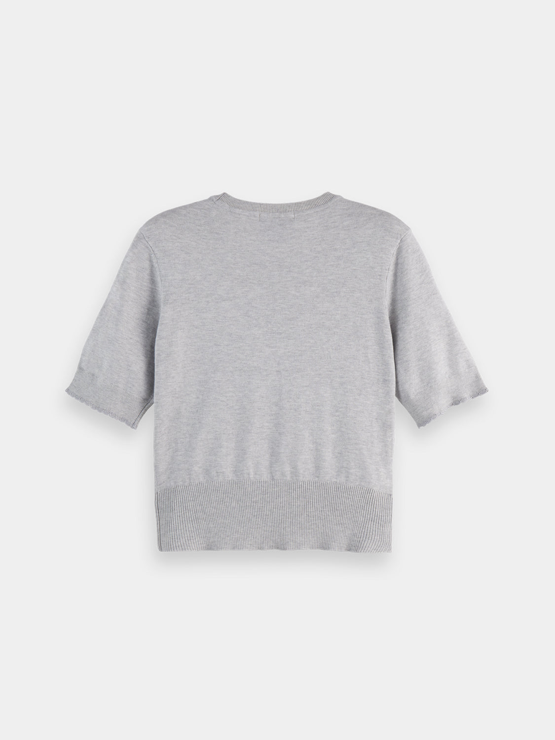 Back view of a knitwear short-sleeved pullover top by SCOTCH & SODA, featuring a fitted silhouette and ribbed neckline.