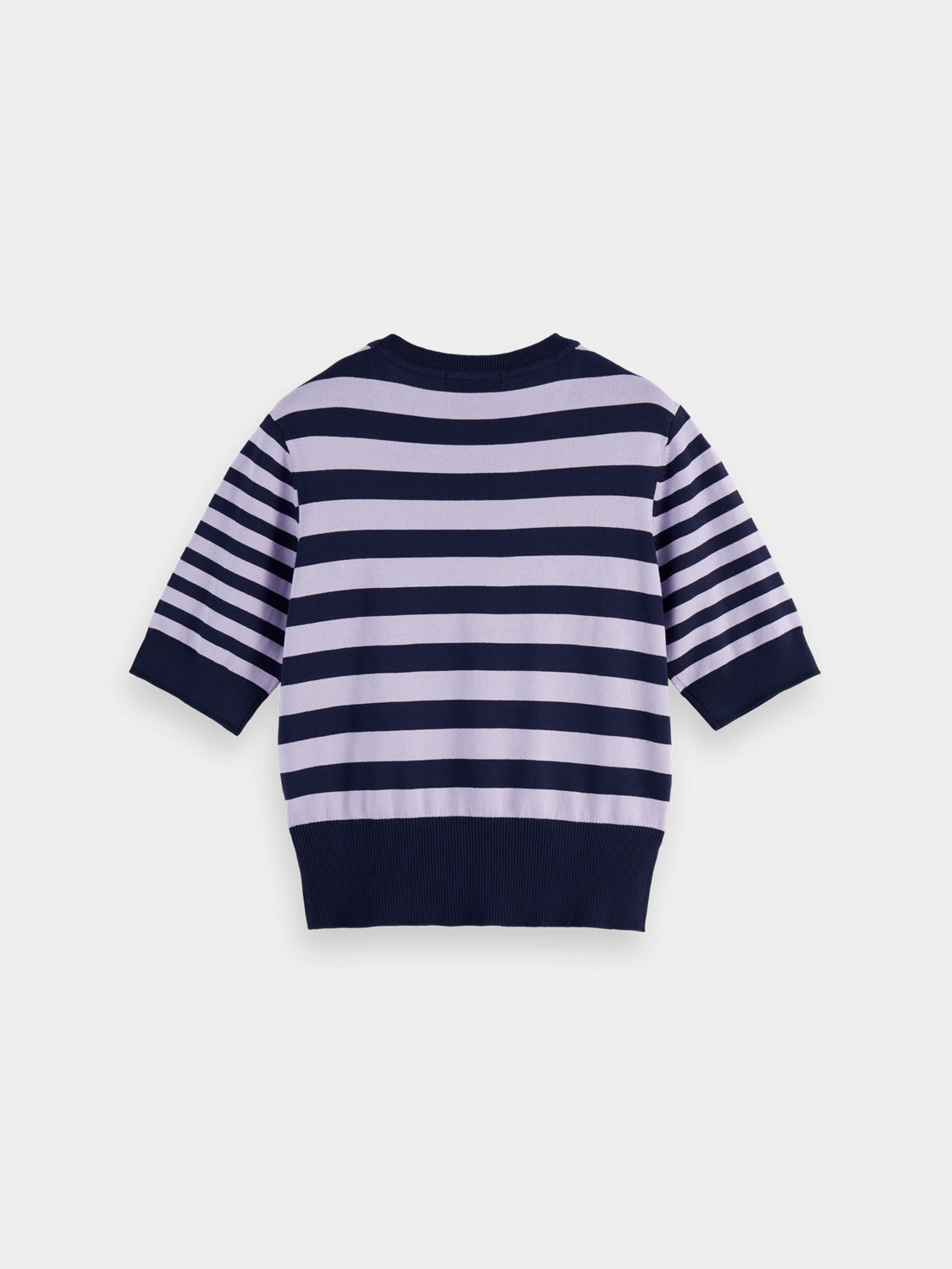 Black short-sleeved knit pullover top by SCOTCH & SODA, displayed flat with a ribbed crew neckline and textured fabric.