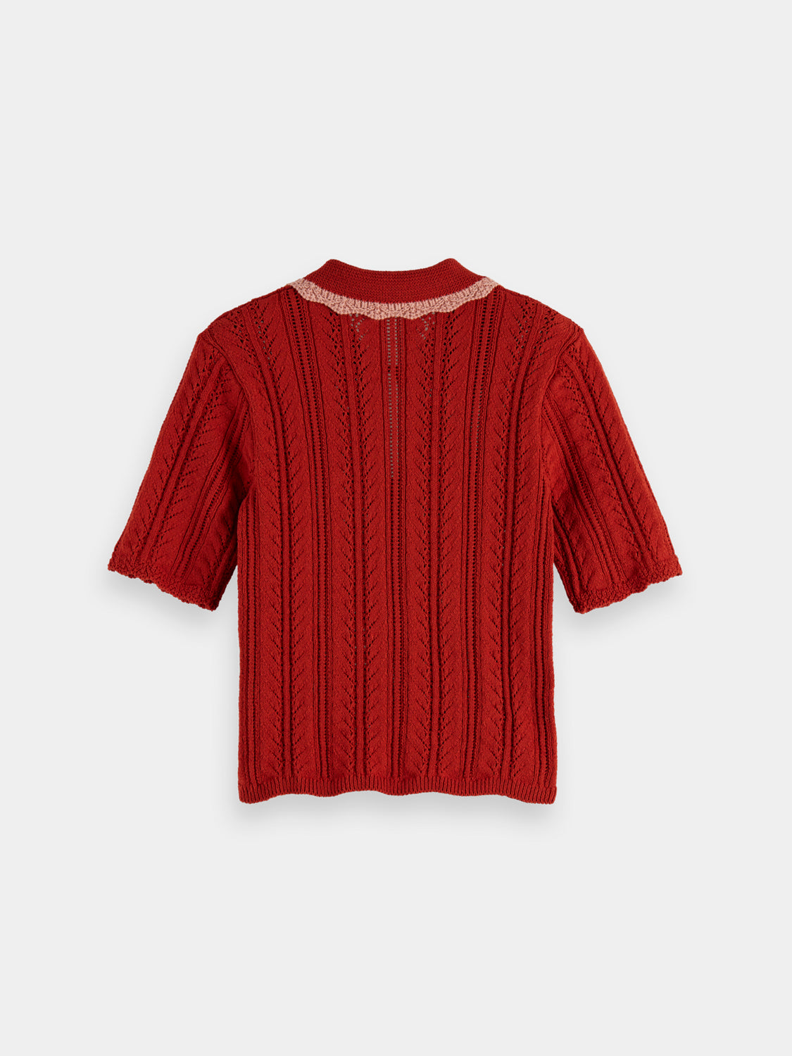 Black Pointelle collared polo from Scotch & Soda, knitwear with a textured design, featuring a classic collar and button detail.