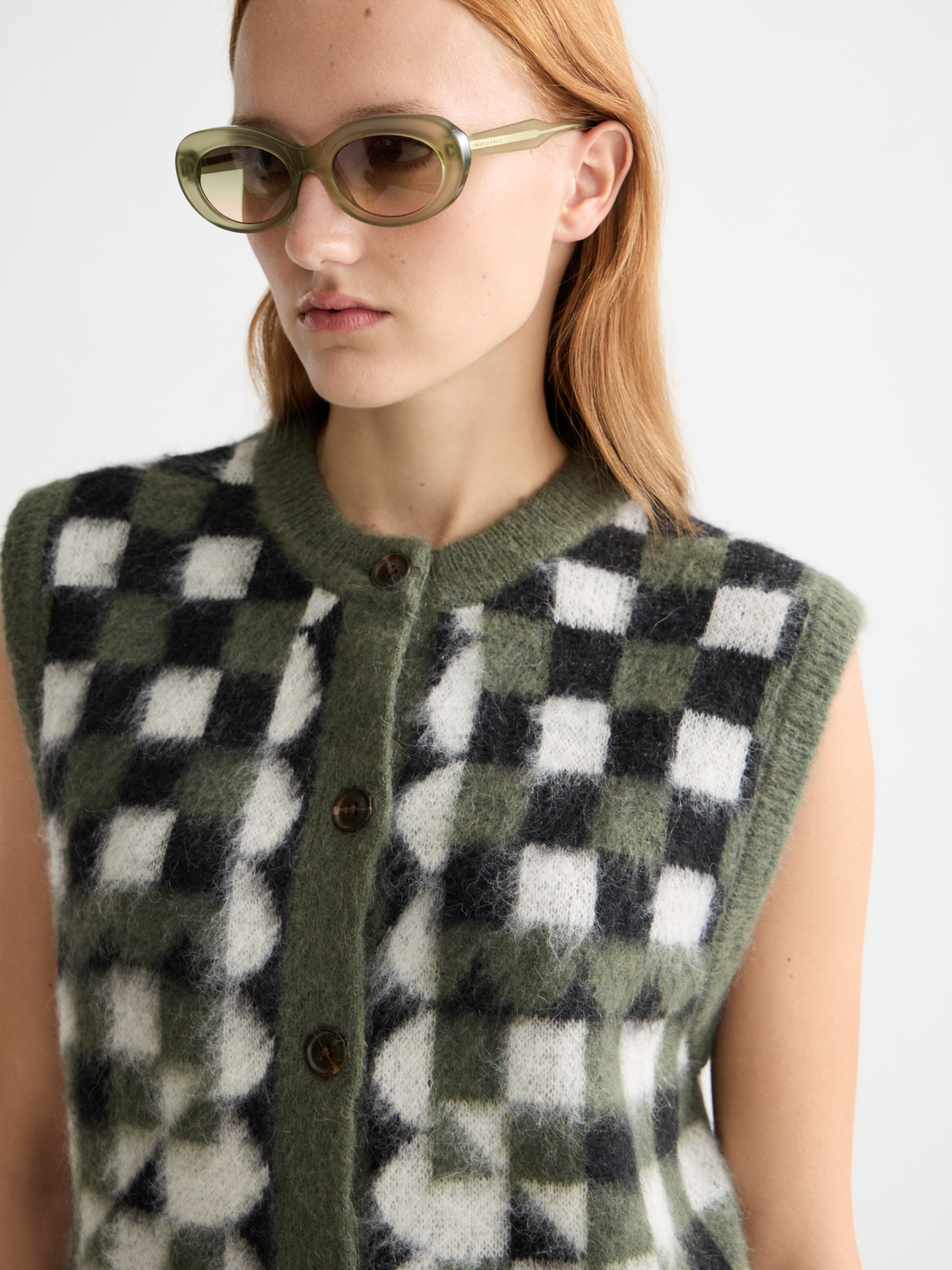 Fuzzy jacquard SCOTCH & SODA knitwear spencer with textured pattern, displayed on a neutral background.