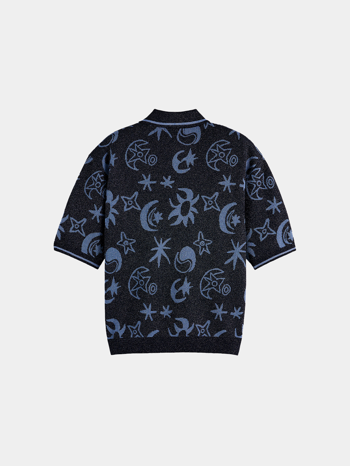 Black Scotch & Soda jacquard short sleeve pullover knitwear, close-up view showing detailed pattern and fabric texture.