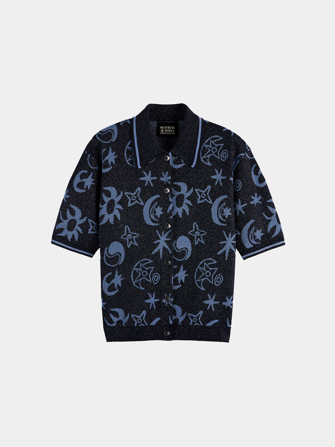 SCOTCH & SODA jacquard short sleeve pullover knitwear in vibrant pattern, showcasing detailed knit design and textured fabric.