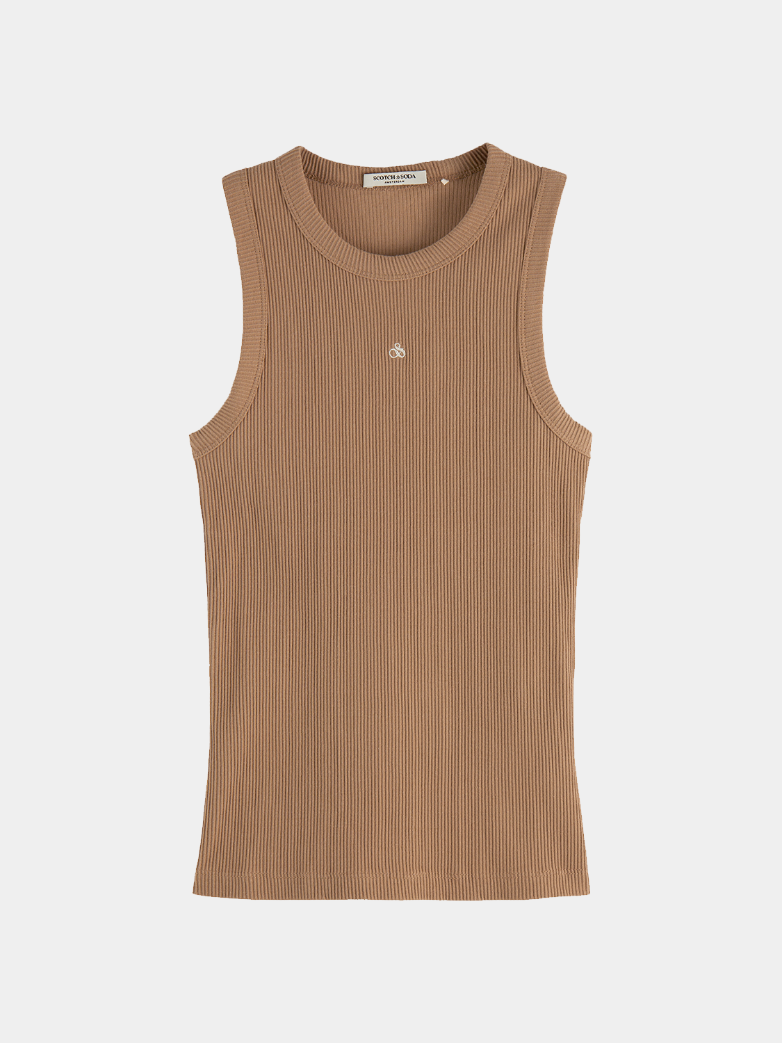 Ribbed SCOTCH & SODA tank top in neutral color, close-up showing textured fabric and sleeveless design.