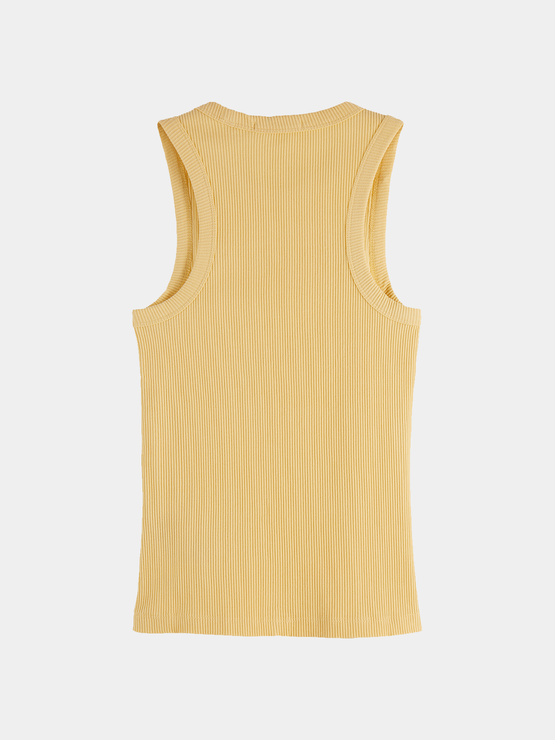 Black ribbed tank top from SCOTCH & SODA, close-up view showing textured fabric and fitted style.