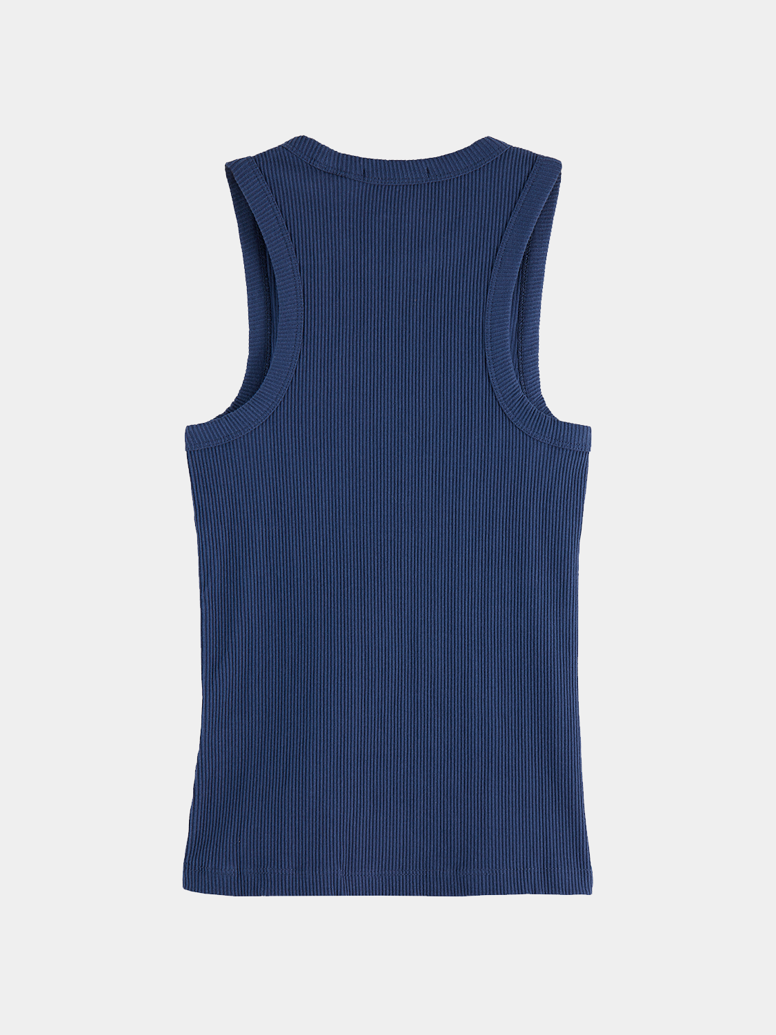 Black ribbed tank top from Scotch & Soda, close-up of fabric texture and sleeveless design.