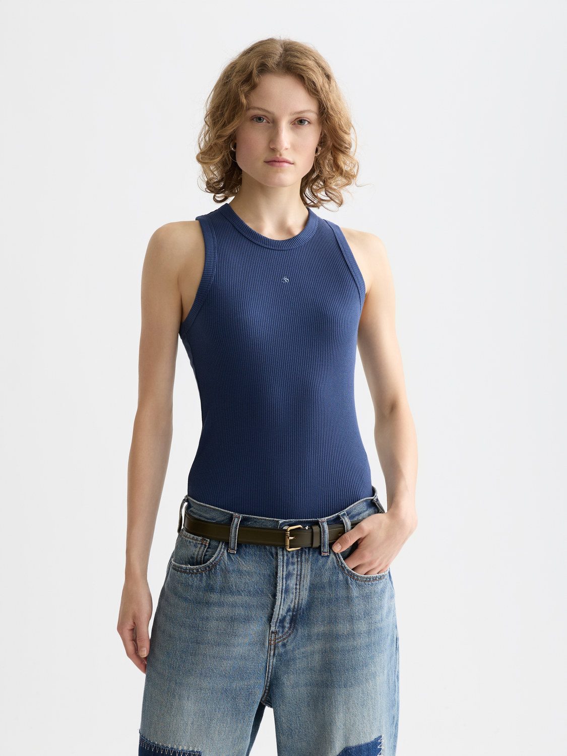 Scarlet ribbed tank top by Scotch & Soda with a fitted design and sleeveless style, front view.