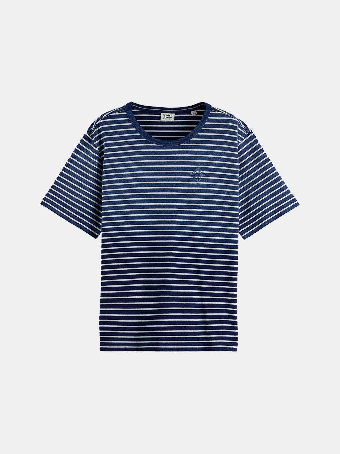 Indigo washed Scotch & Soda short-sleeve t-shirt with a relaxed fit and subtle faded design, displayed on a neutral background.