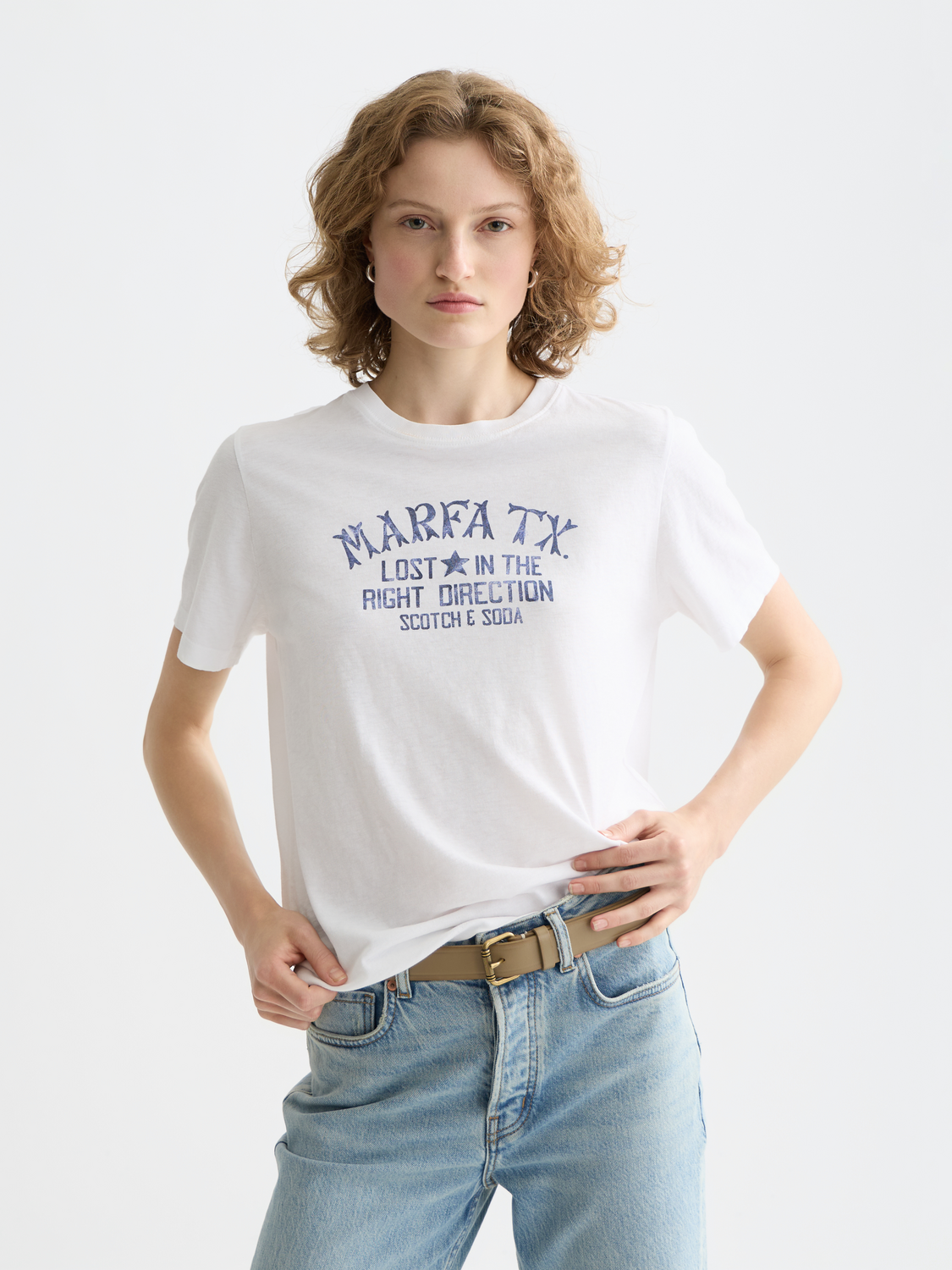 Graphic Scotch & Soda short sleeve T-shirt featuring a colorful front design and classic fit, displayed on a mannequin.