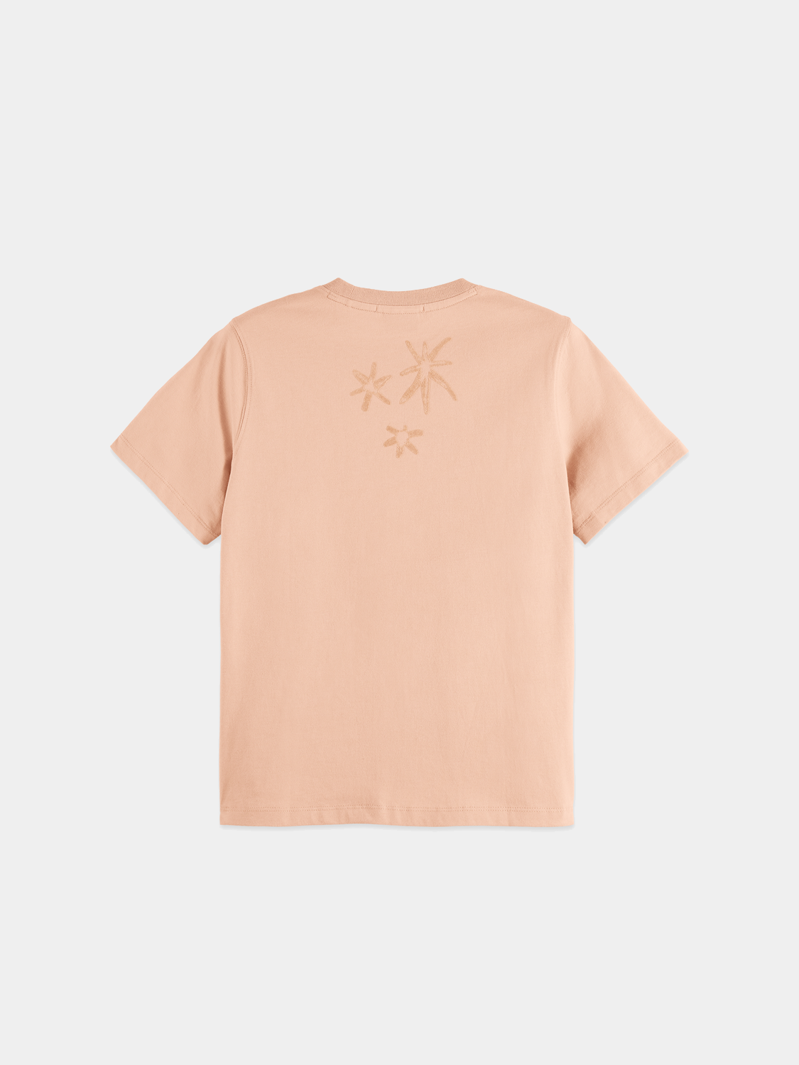 Black short-sleeve Scotch & Soda flock print t-shirt with colorful flock pattern on the front.