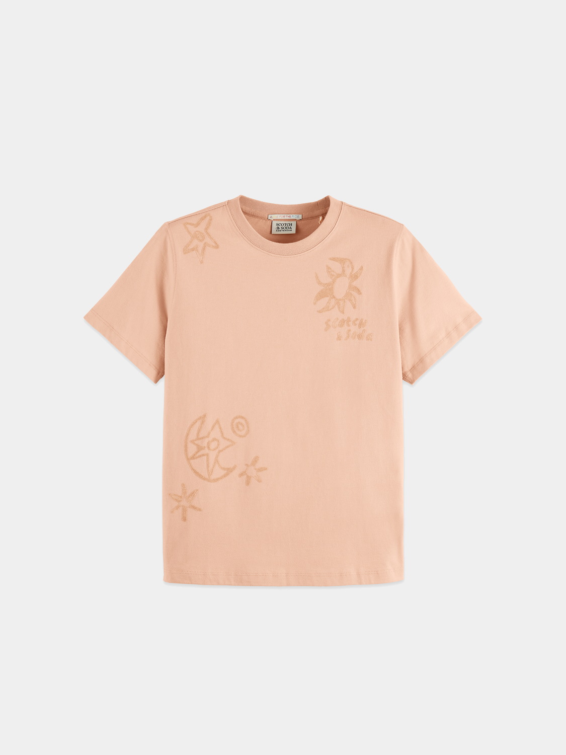 Light blue short-sleeve Scotch & Soda flock print t-shirt with a colorful floral pattern on the front.