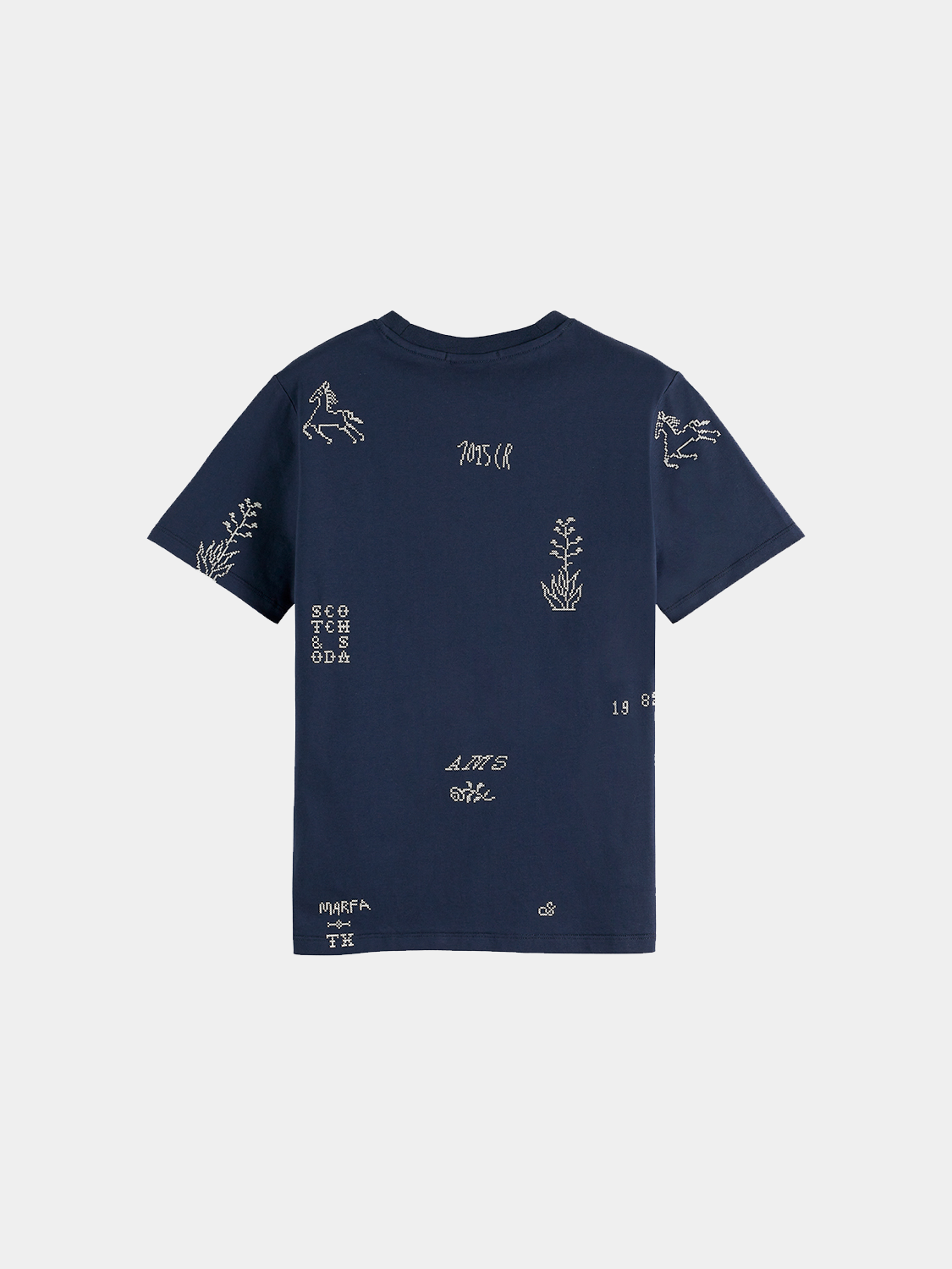 Black printed Scotch & SODA short-sleeve t-shirt featuring a graphic design on the front, casual and stylish for everyday wear.