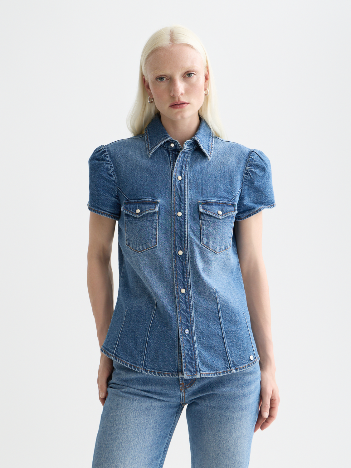 Light blue fitted denim shirt by Scotch & Soda, short-sleeve design with front buttons and classic collar.