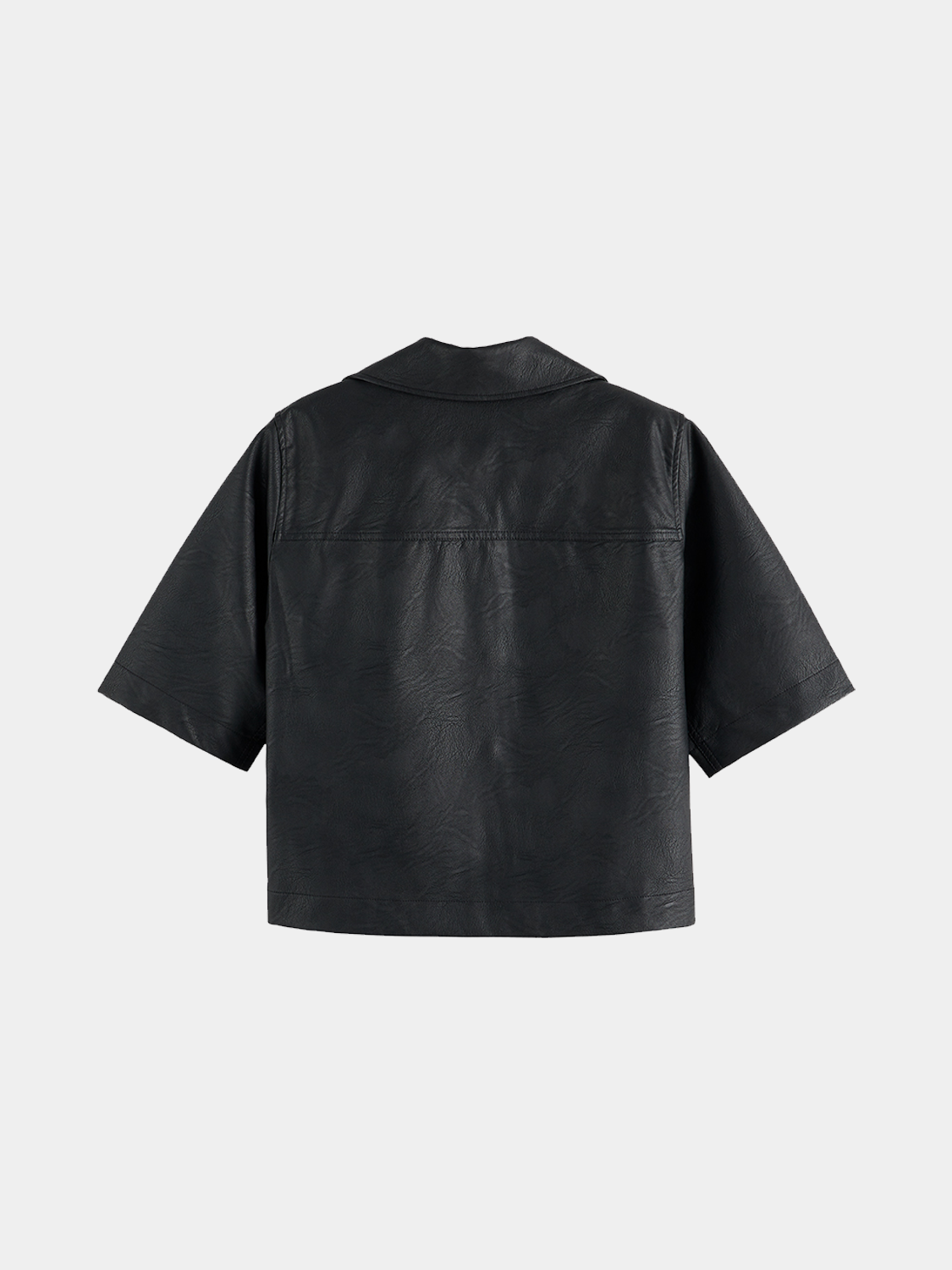 Black faux leather short-sleeve shirt from Scotch & Soda, featuring a sleek, fitted design with a classic collar and button front.