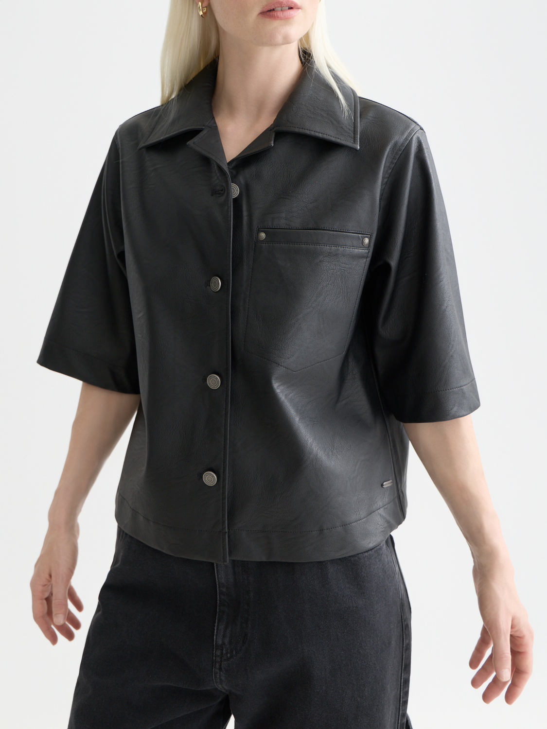 Faux leather short-sleeve shirt by Scotch & Soda, shown in black with a classic collar and button-front design.