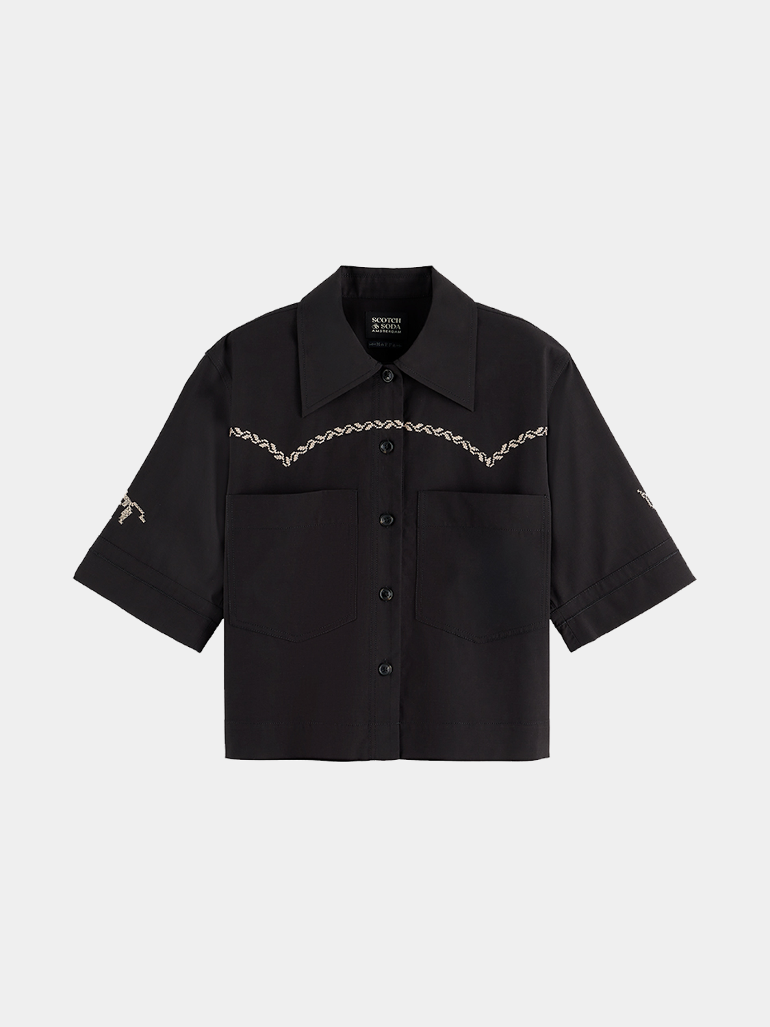 Short-sleeved Scotch & Soda shirt with a vibrant floral pattern, featuring a classic collar and button-front design.