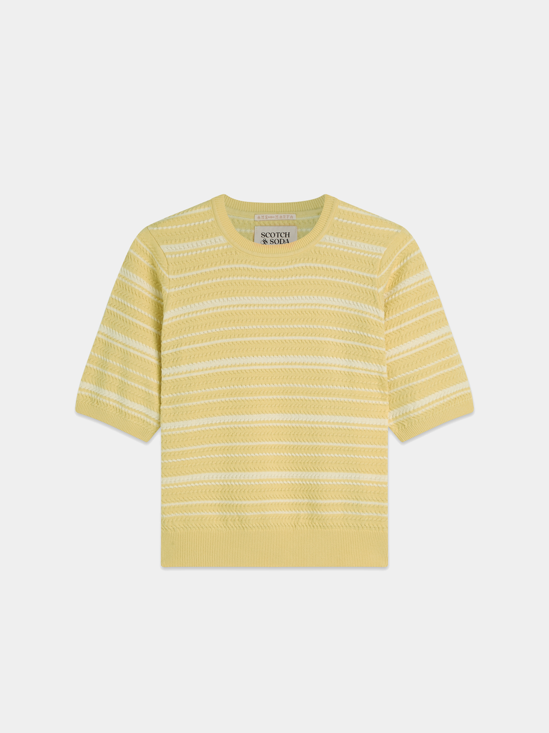 Striped knitted T-shirt from Scotch & Soda, featuring a classic knitwear design with multicolored stripes on soft fabric.