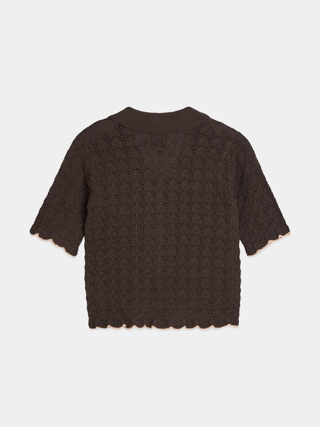 Pointelle short-sleeved cardigan by Scotch & Soda, featuring a delicate knit pattern in soft fabric, displayed on a plain background.