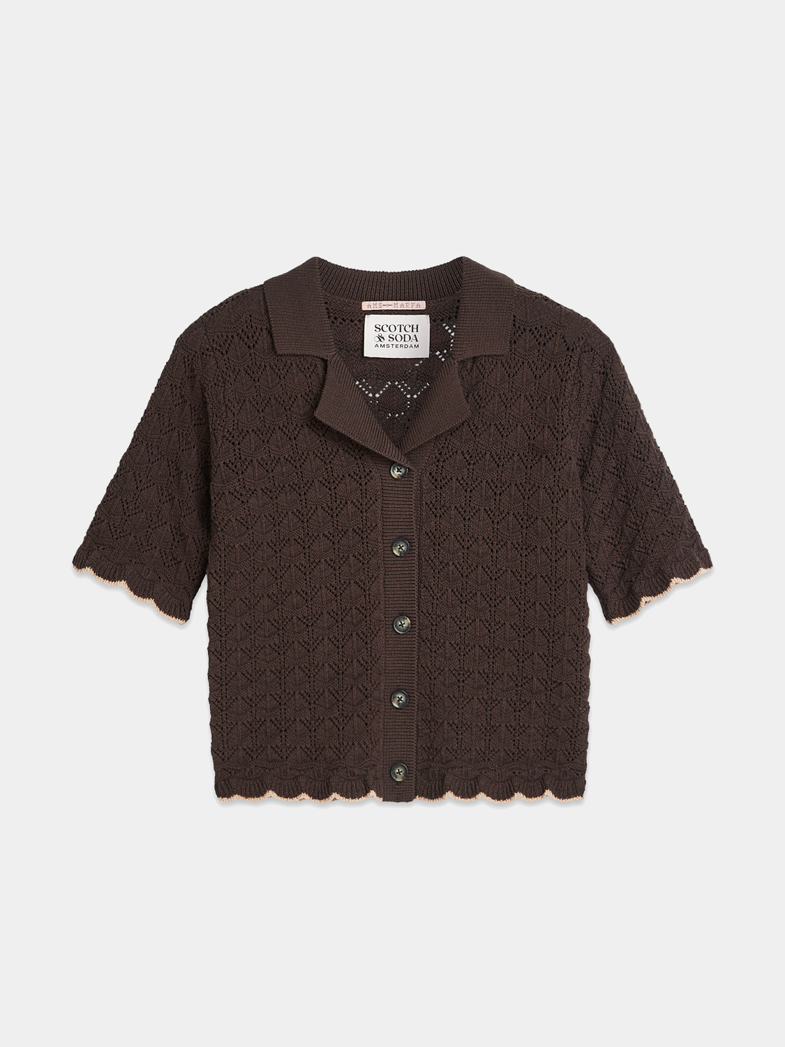 Pointelle short-sleeved cardigan from Scotch & Soda, showcasing delicate knit detailing and a classic fit.
