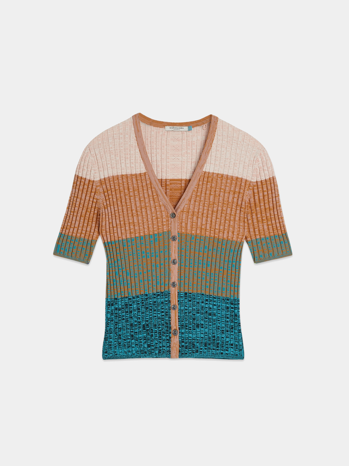 Striped short-sleeved knit cardigan by SCOTCH & SODA, featuring a colorful striped pattern and a classic crew neckline.