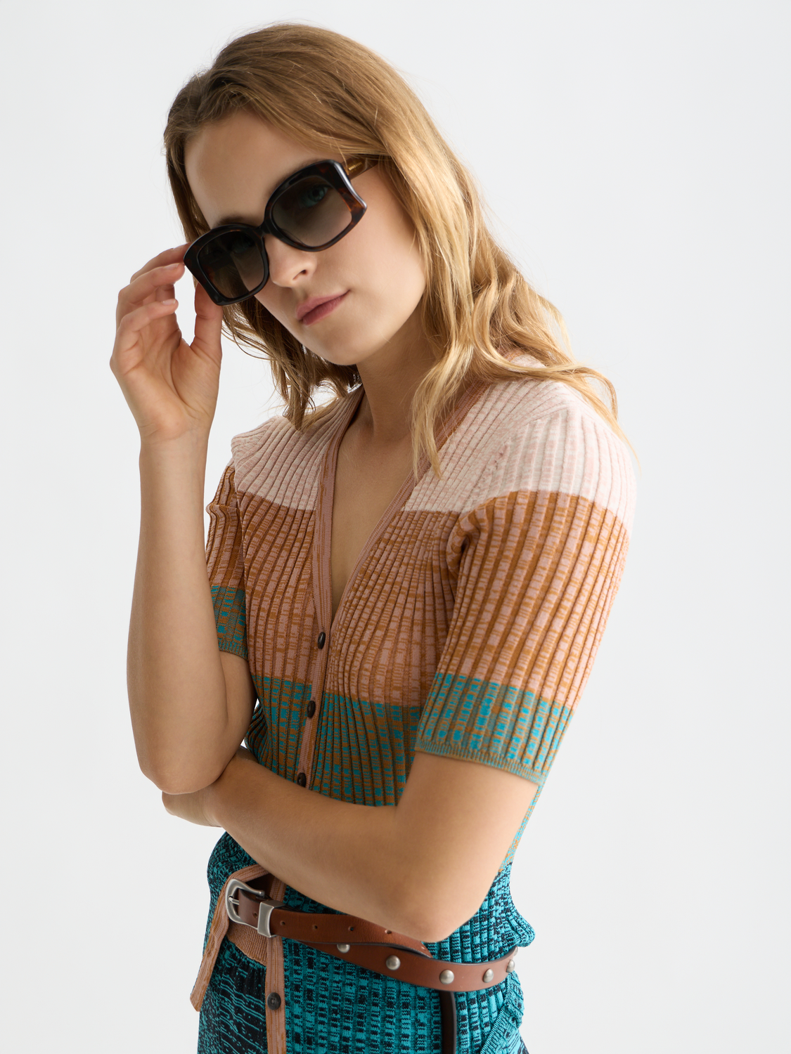 Striped short-sleeved knitwear cardigan by Scotch & Soda, featuring a lightweight design with colorful horizontal stripes.