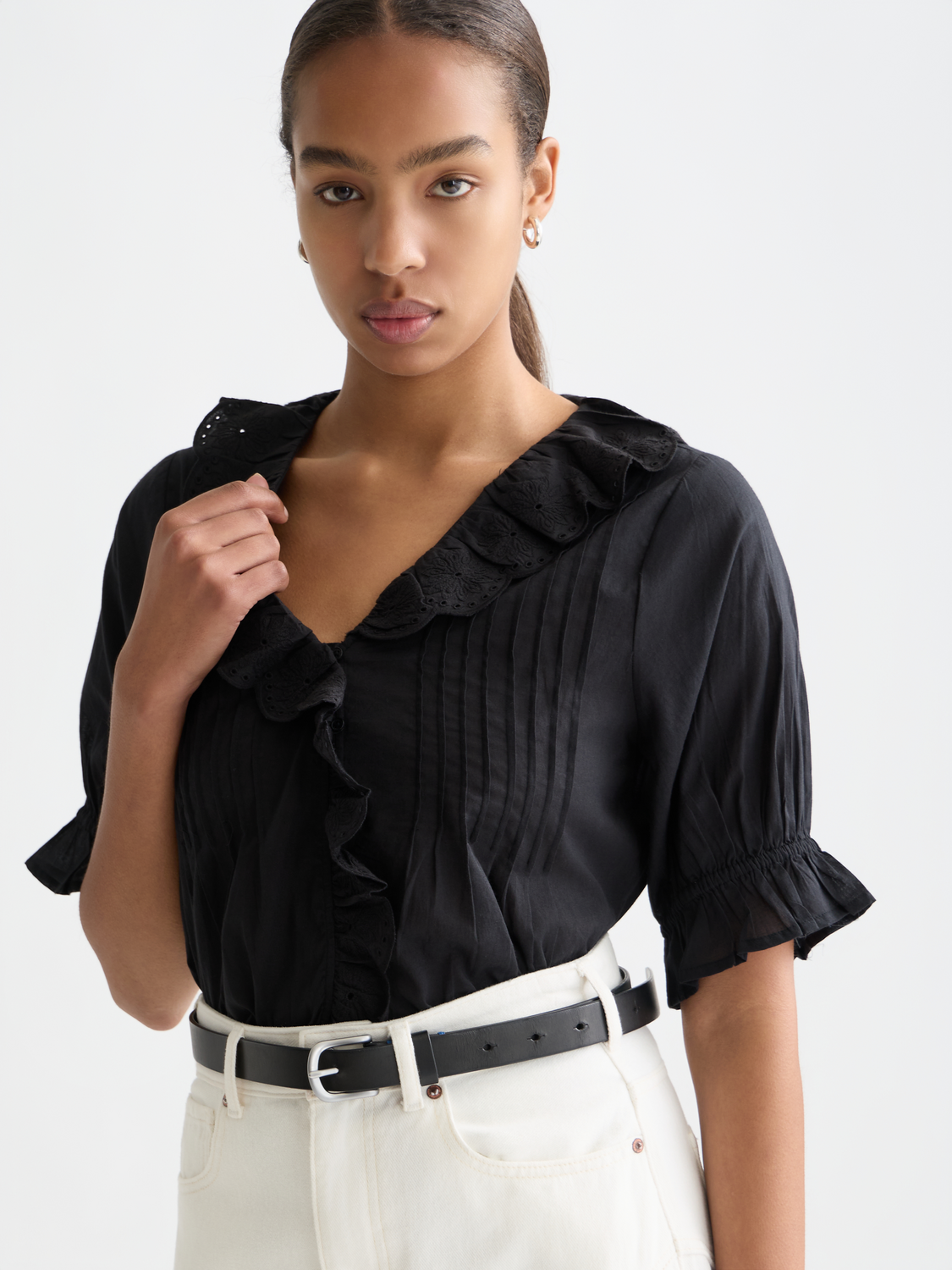 Embroidered short-sleeved woven blouse by Scotch & Soda featuring floral embroidery and a relaxed fit.