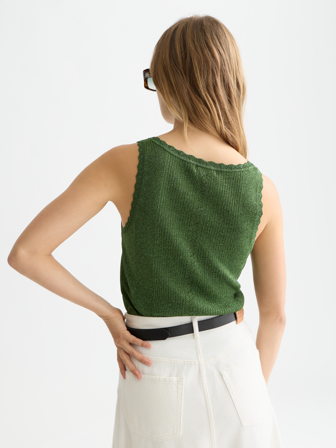 Metallic ribbed tank top from Scotch & Soda, featuring a sleeveless design and textured fabric, shown from the back.