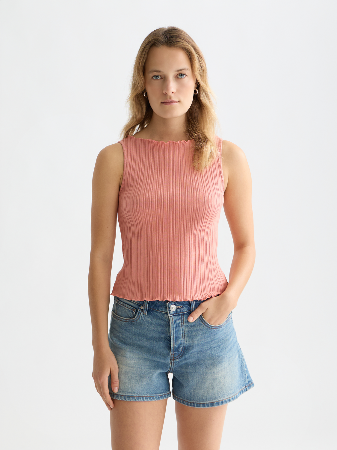 Structured ribbed tank top from Scotch & Soda, featuring a fitted design and ribbed texture, front view.