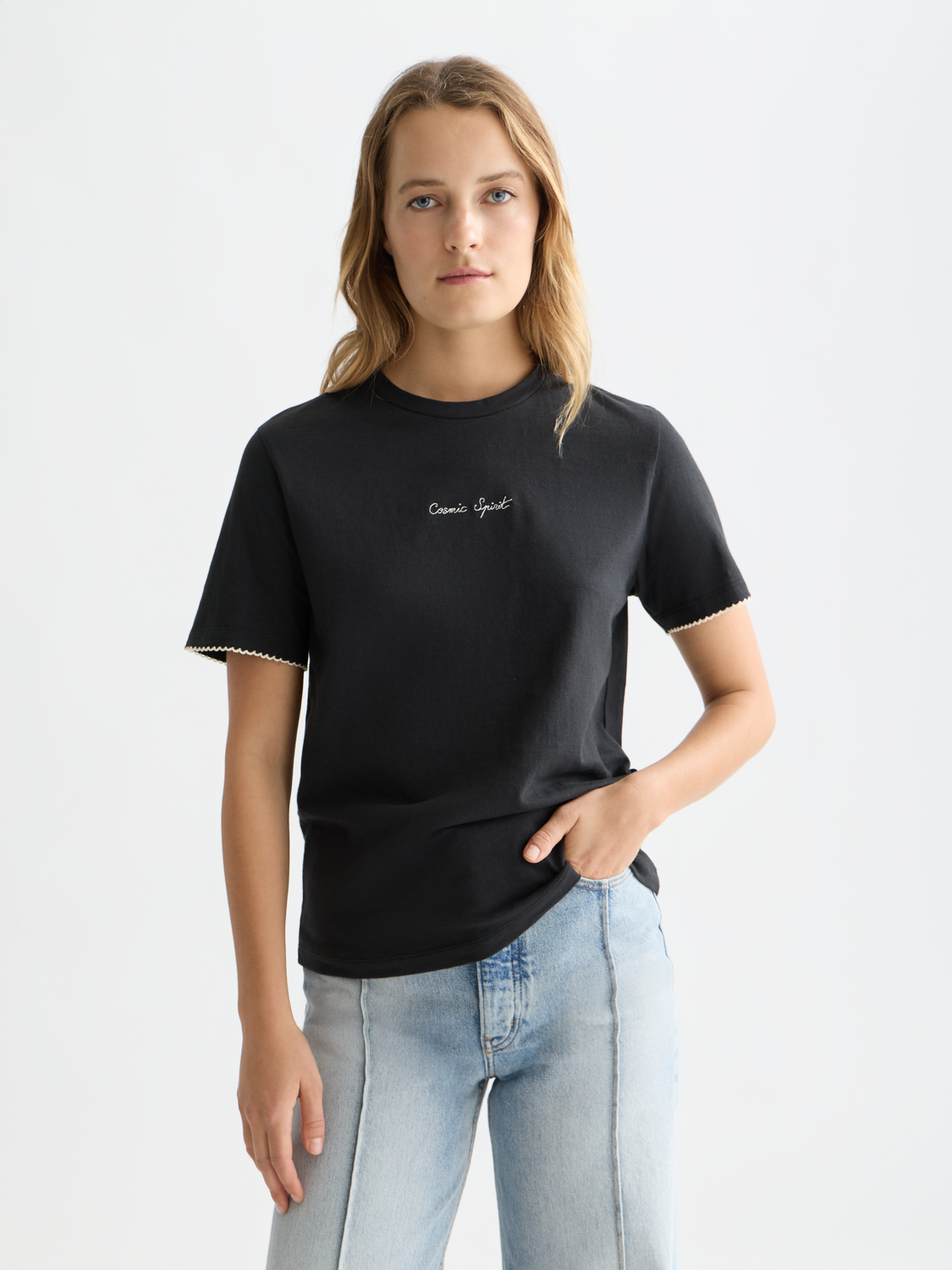 White embroidered slub cotton T-shirt from Scotch & Soda, short sleeve design with detailed front embroidery.