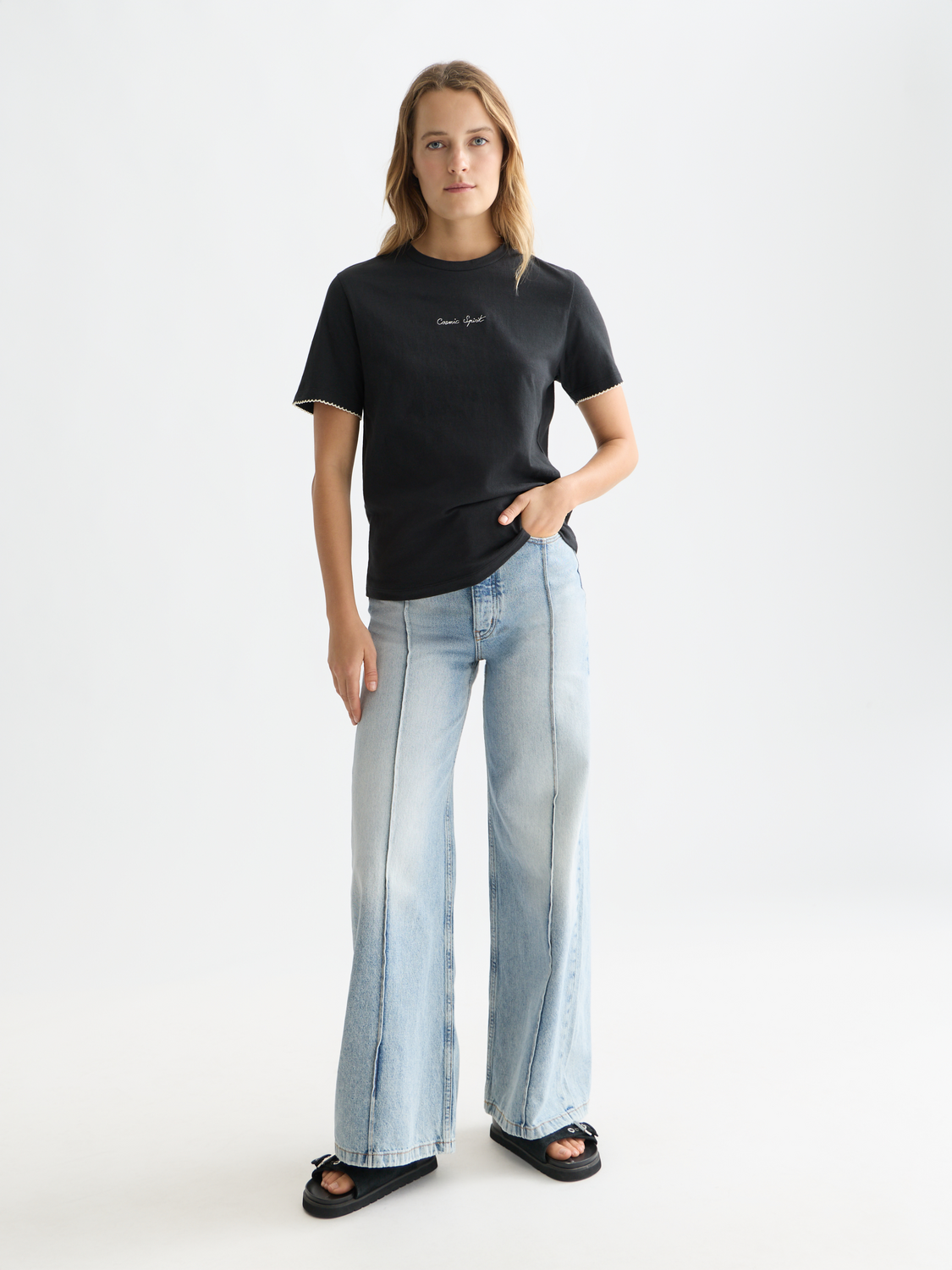 Embroidered Scotch & Soda short-sleeve slub t-shirt with detailed embroidery on soft fabric, front view.