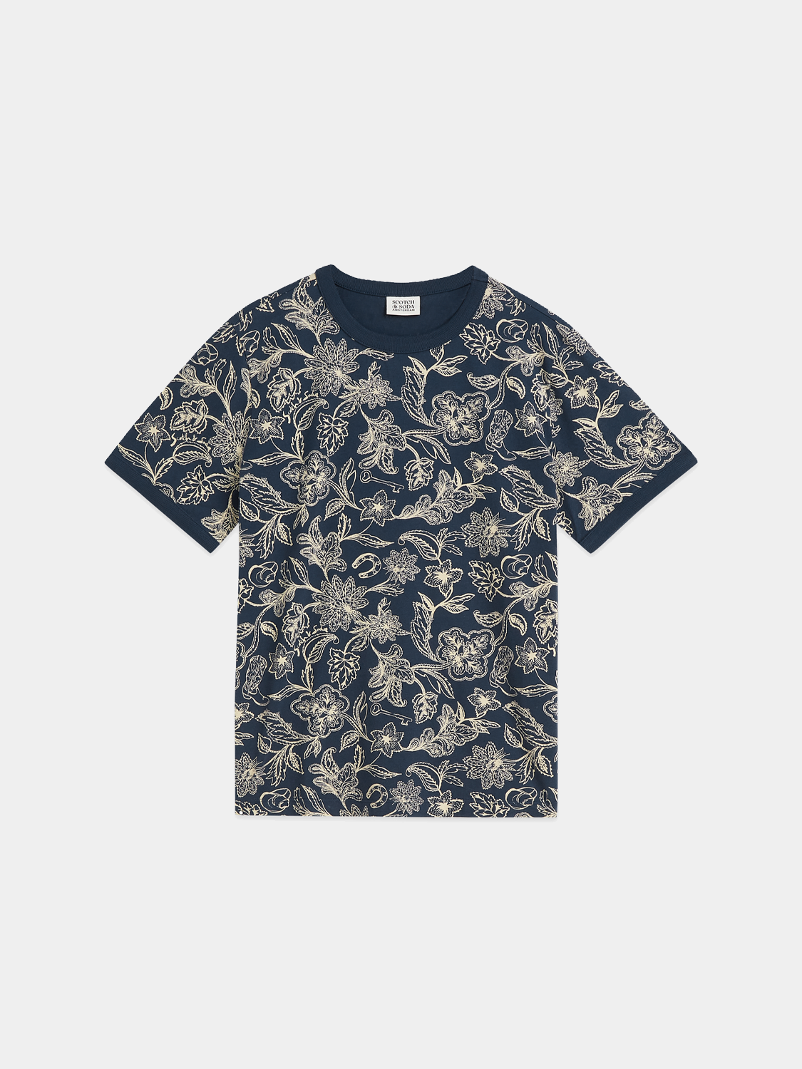 Printed SCOTCH & SODA short sleeve t-shirt with colorful graphic design on white fabric.