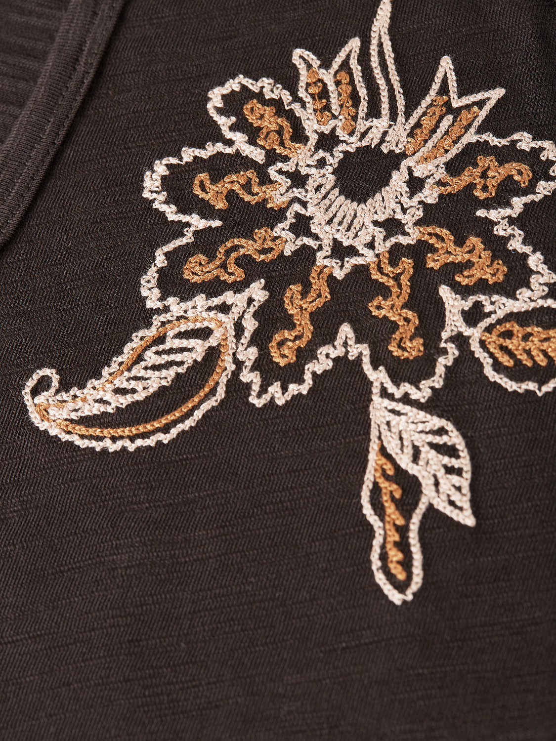 Blue embroidered V-neck T-shirt from Scotch & Soda short-sleeve tees collection, featuring detailed embroidery on the front.
