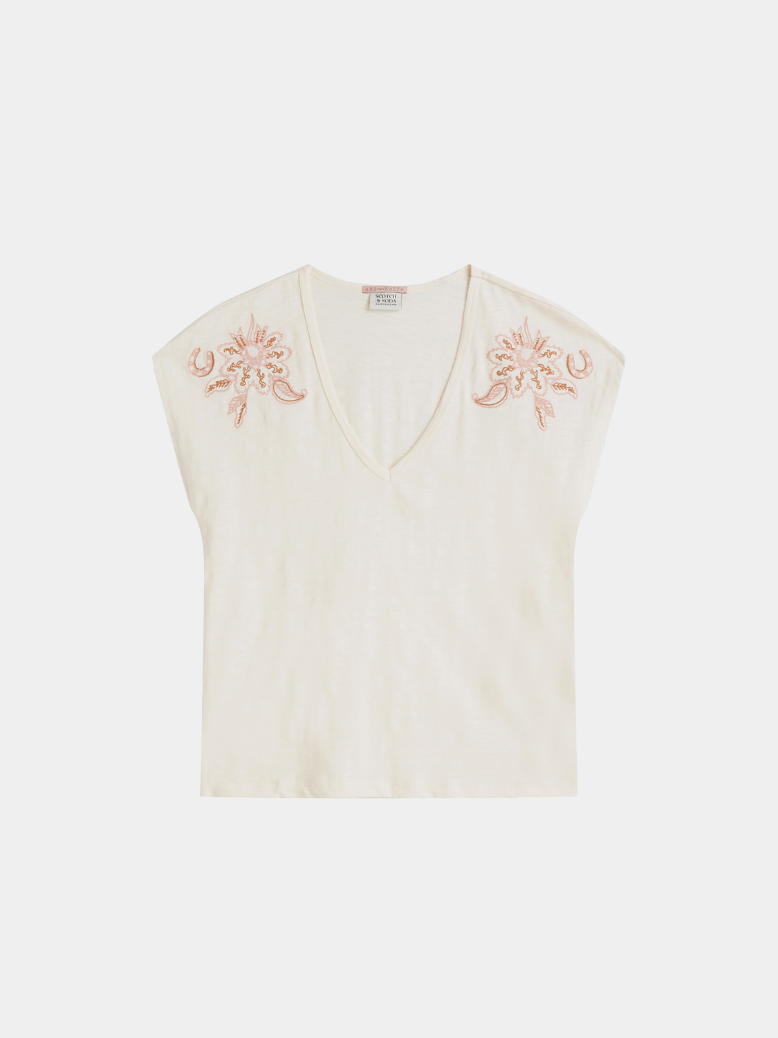Embroidered SCOTCH & SODA v-neck short sleeve t-shirt with floral design, white cotton fabric, casual style, front view.